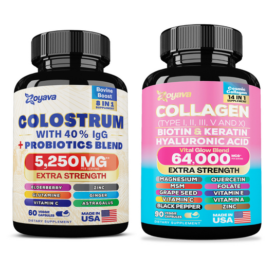 Radiant Vitality Duo: Highly Potent Bovine Colostrum Capsules (5250MG) & Cosmic Collagen Beauty Complex (64,000MCG)