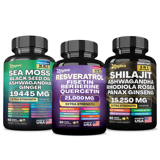 Elevate Your Vitality Trio: Resveratrol 21,000MG, Sea Moss 16-in-1 Magic Moss Super Blend 19,445MG, and Shilajit Power ShilaStrength Blend 15,250MG