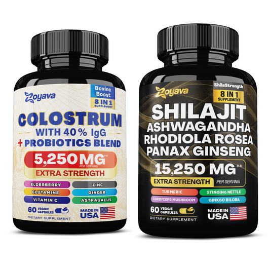 Powerful Duo for Immunity, Gut Health, and Vitality: Bovine Colostrum Capsules (5250MG) & Shilajit Power ShilaStrength Blend (15,250MG)