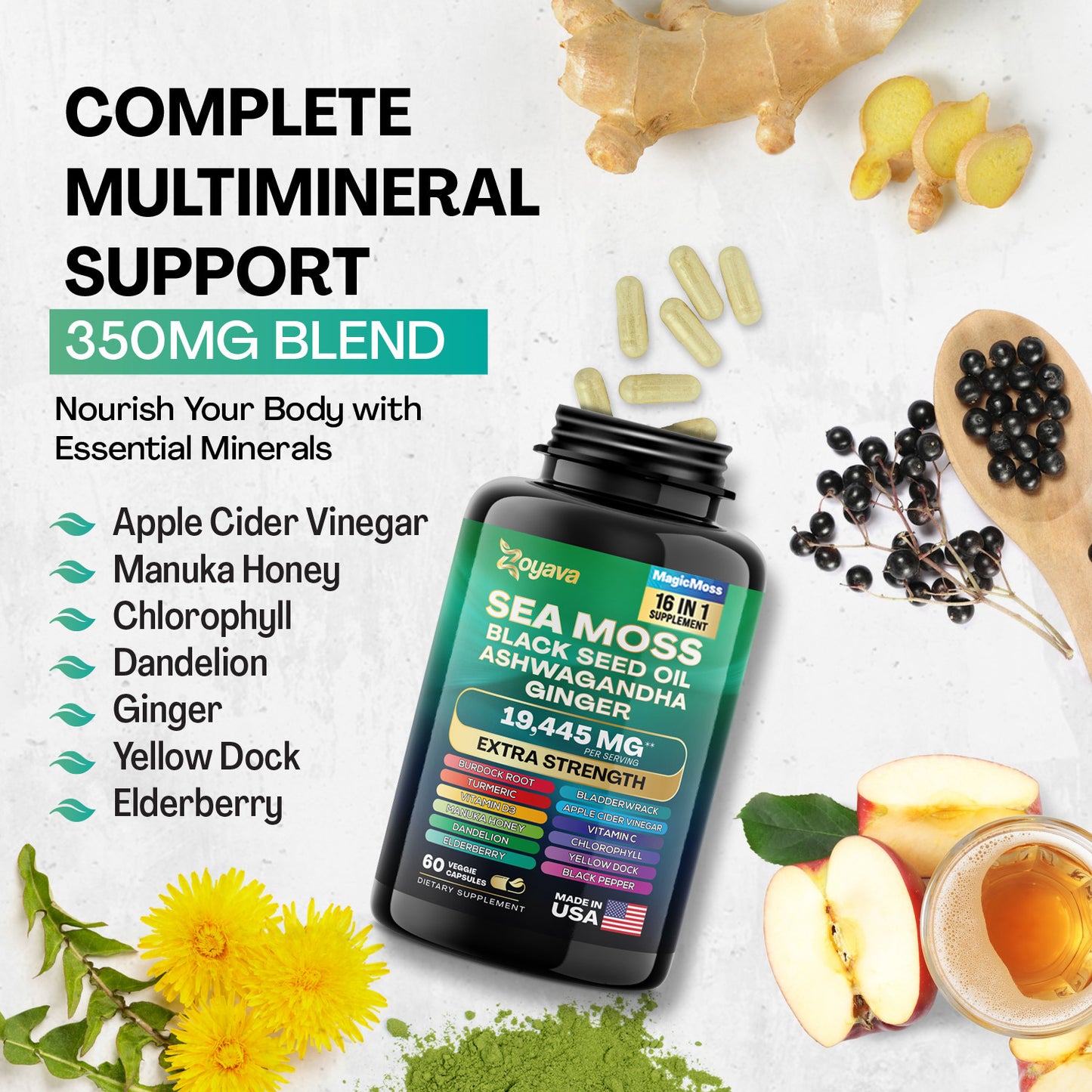 Sea Moss 16-in-1 for Total Wellness - Magic Moss Super Blend Capsules - 19,445MG Power!