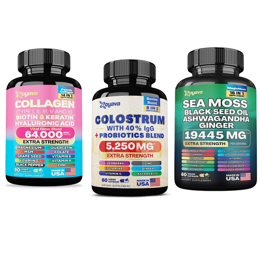 Radiant Beauty Trio- Bovine Colostrum Supplement 5250 MG, Sea Moss 16-in-1 Magic Moss Super Blend - 19,445MG, and Cosmic Collagen Beauty Complex - 64,000MCG